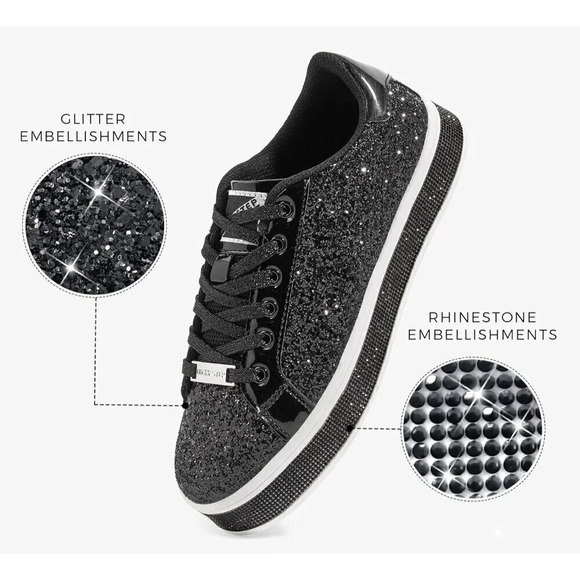 Women's Black Platform Glitter Sneakers | Sparkly Bling Shiny  Dressy - Picture 2 of 9